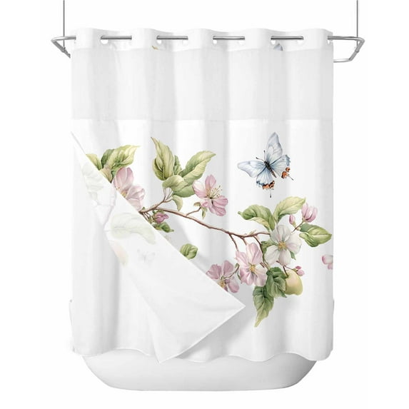 No Hook Shower Curtains with Snap in Liner, Butterfly Flowers Waterproof Fabric Shower Curtain, Watercolor Spring Botanical Plants Double Layers & See-Through Top Window Bathroom Curtains 72''x72''