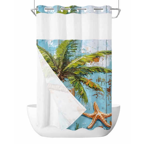 No Hook Shower Curtains with Snap in Liner, Coastal Beach Waterproof Fabric Shower Curtain, Oil Painting Tropical Palm Tree Starfish Double Layers & See-Through Top Window Bathroom Curtains 36''x72''