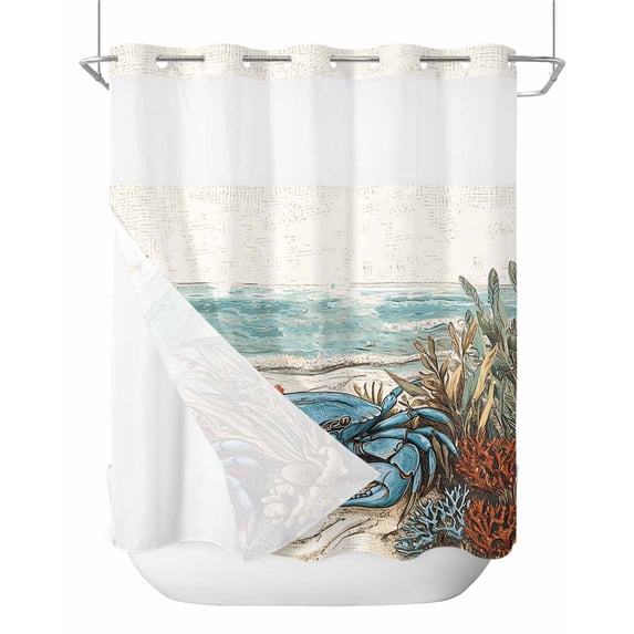 No Hook Shower Curtains with Snap in Liner, Coastal Crab Waterproof Fabric Shower Curtain, Nautical Summer Beach Starfish Coral Double Layers & See-Through Top Window Bathroom Curtains 72''x72''