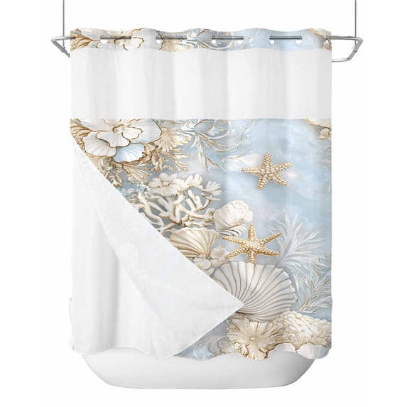No Hook Shower Curtains with Snap in Liner, Coastal Waterproof Fabric Shower Curtain, Beach Summer Nautical Starfish Coral Double Layers & See-Through Top Window Bathroom Curtains 66''x72''