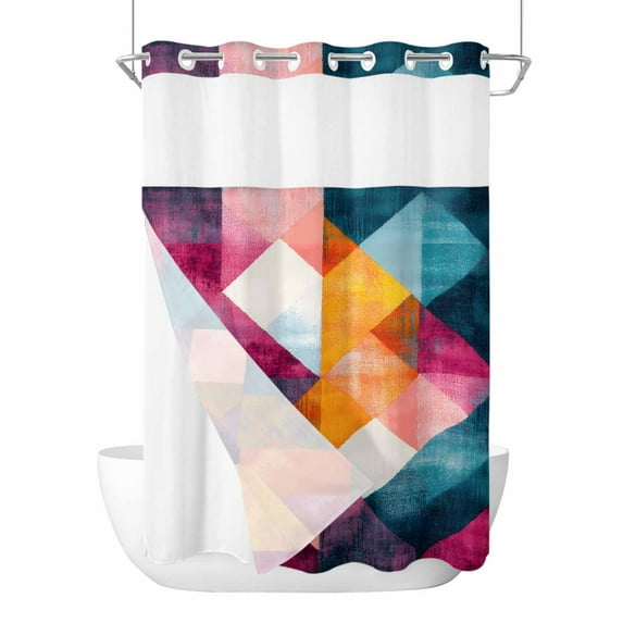 No Hook Shower Curtains with Snap in Liner, Colorful Shabby Rhombus Waterproof Fabric Shower Curtain, Vintage Color Block Double Layers & See-Through Top Window Bathroom Curtains 72''x84''