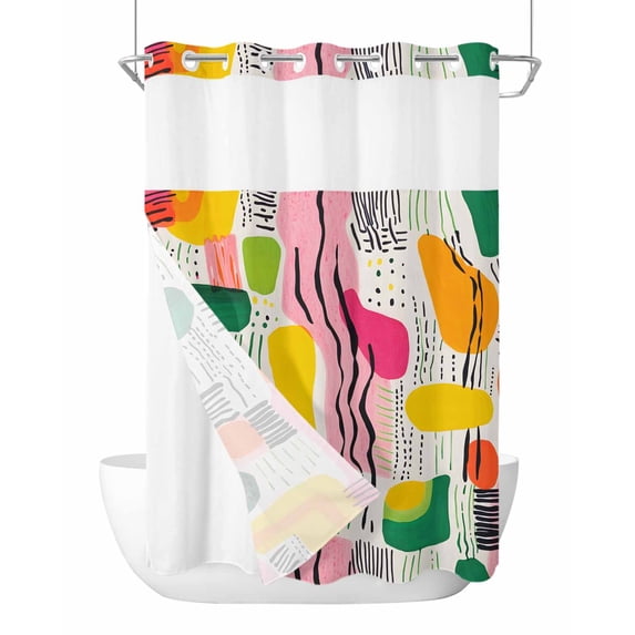 No Hook Shower Curtains with Snap in Liner, Contemporary Color Block Waterproof Fabric Shower Curtain, Striped Abstract Art Double Layers & See-Through Top Window Bathroom Curtains 60''x72''