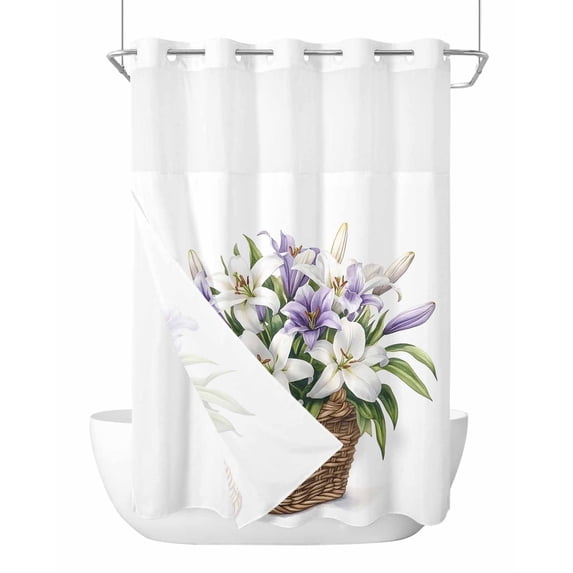 No Hook Shower Curtains with Snap in Liner, Emerging Blossoms Floral Waterproof Fabric Shower Curtain, Summer Botanical Spring Double Layers & See-Through Top Window Bathroom Curtains 60''x72''
