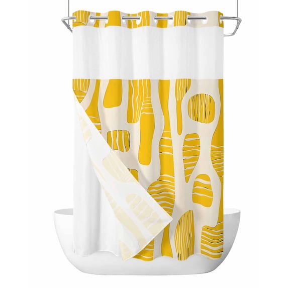No Hook Shower Curtains with Snap in Liner, Geometric Yellow Waterproof Fabric Shower Curtain, Stripes Modern Abstract Vintage Double Layers & See-Through Top Window Bathroom Curtains 54''x78''