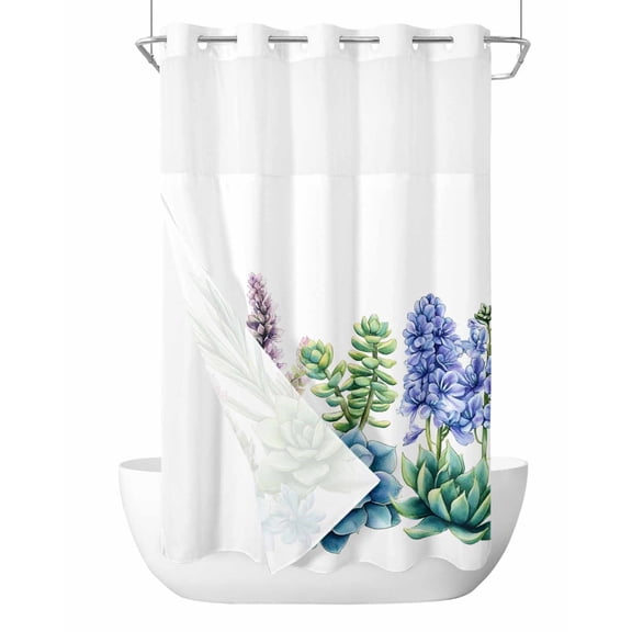 No Hook Shower Curtains with Snap in Liner, Green Blue Purple Succulent Waterproof Fabric Shower Curtain, Summer Tropical Botanical Double Layers & See-Through Top Window Bathroom Curtains 54''x78''