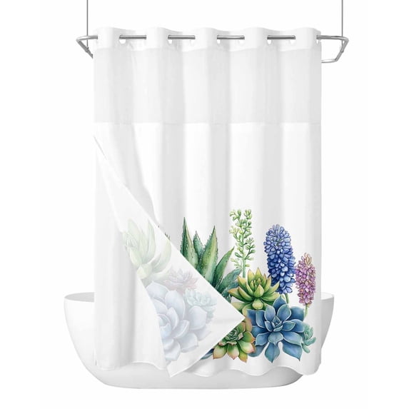 No Hook Shower Curtains with Snap in Liner, Green Blue Succulent Waterproof Fabric Shower Curtain, Summer Botanical Tropical Double Layers & See-Through Top Window Bathroom Curtains 72''x84''