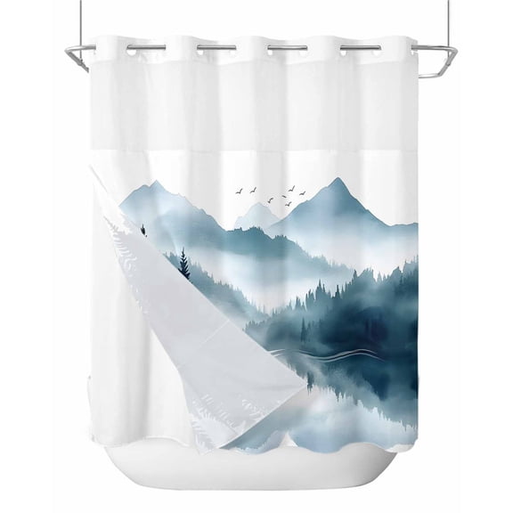 No Hook Shower Curtains with Snap in Liner, Green Forest Lake Waterproof Fabric Shower Curtain, Abstract Watercolor Landscape Art Double Layers & See-Through Top Window Bathroom Curtains 72''x72''