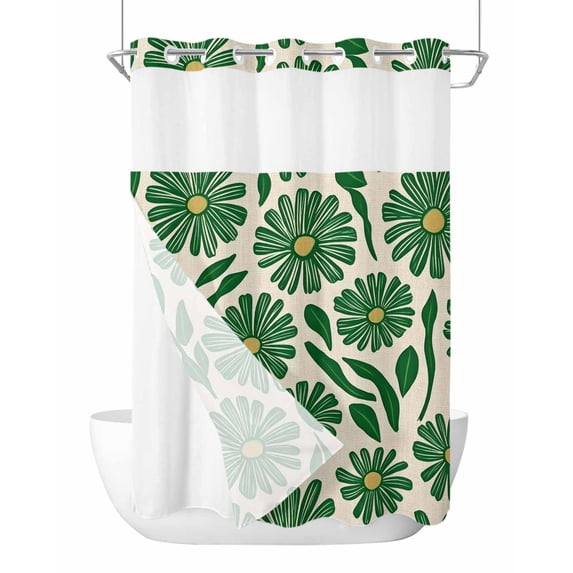 No Hook Shower Curtains with Snap in Liner, Green Spring Floral Waterproof Fabric Shower Curtain, Summer Flower Pastoral Rustic Double Layers & See-Through Top Window Bathroom Curtains 72''x84''