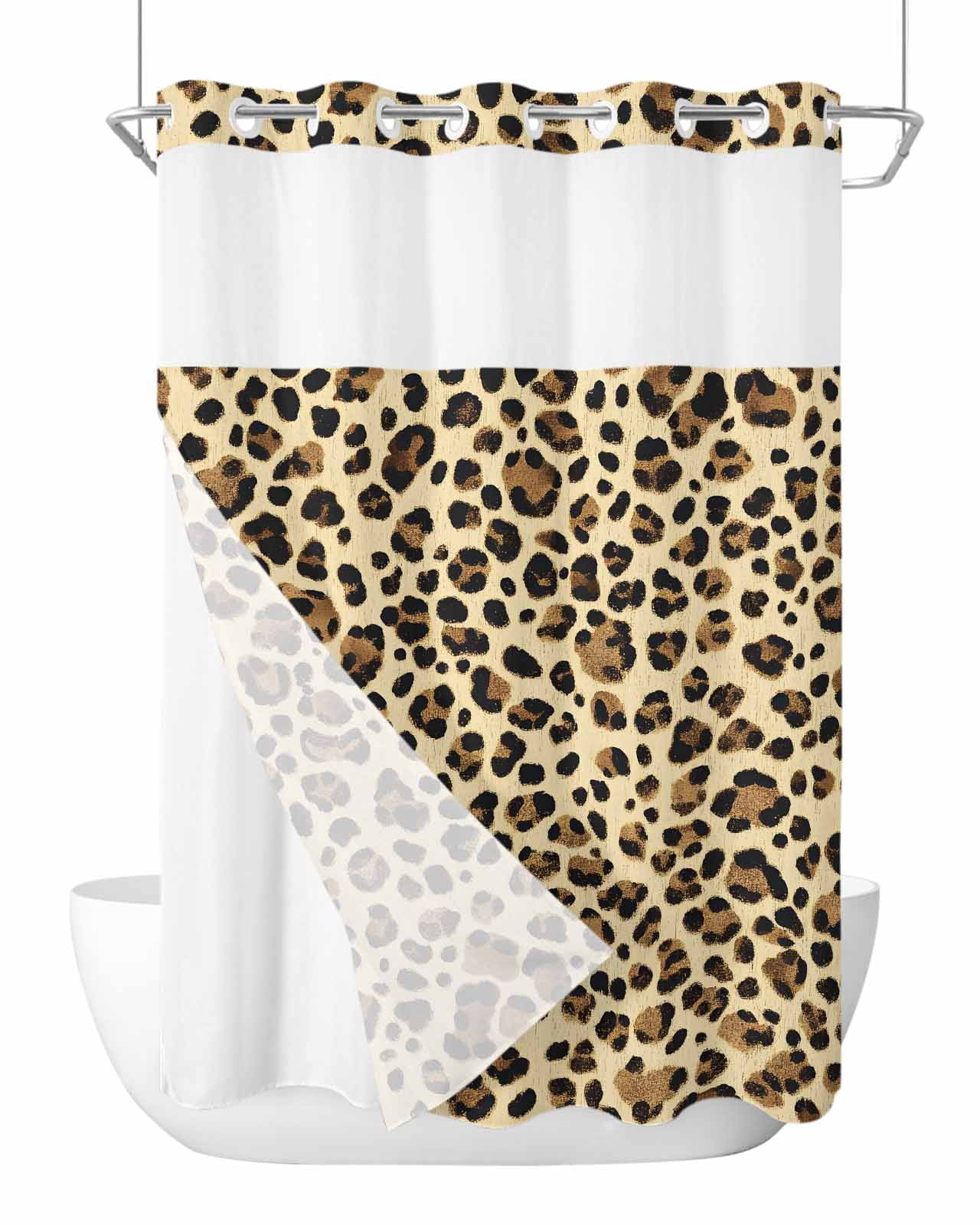 No Hook Shower Curtains with Snap in Liner, Leopard Waterproof Fabric ...