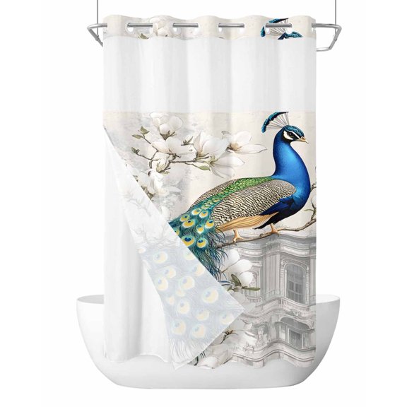 No Hook Shower Curtains with Snap in Liner, Luxury Peacock Waterproof Fabric Shower Curtain, Watercolor Vintage Floral Attic Double Layers & See-Through Top Window Bathroom Curtains 36''x72''