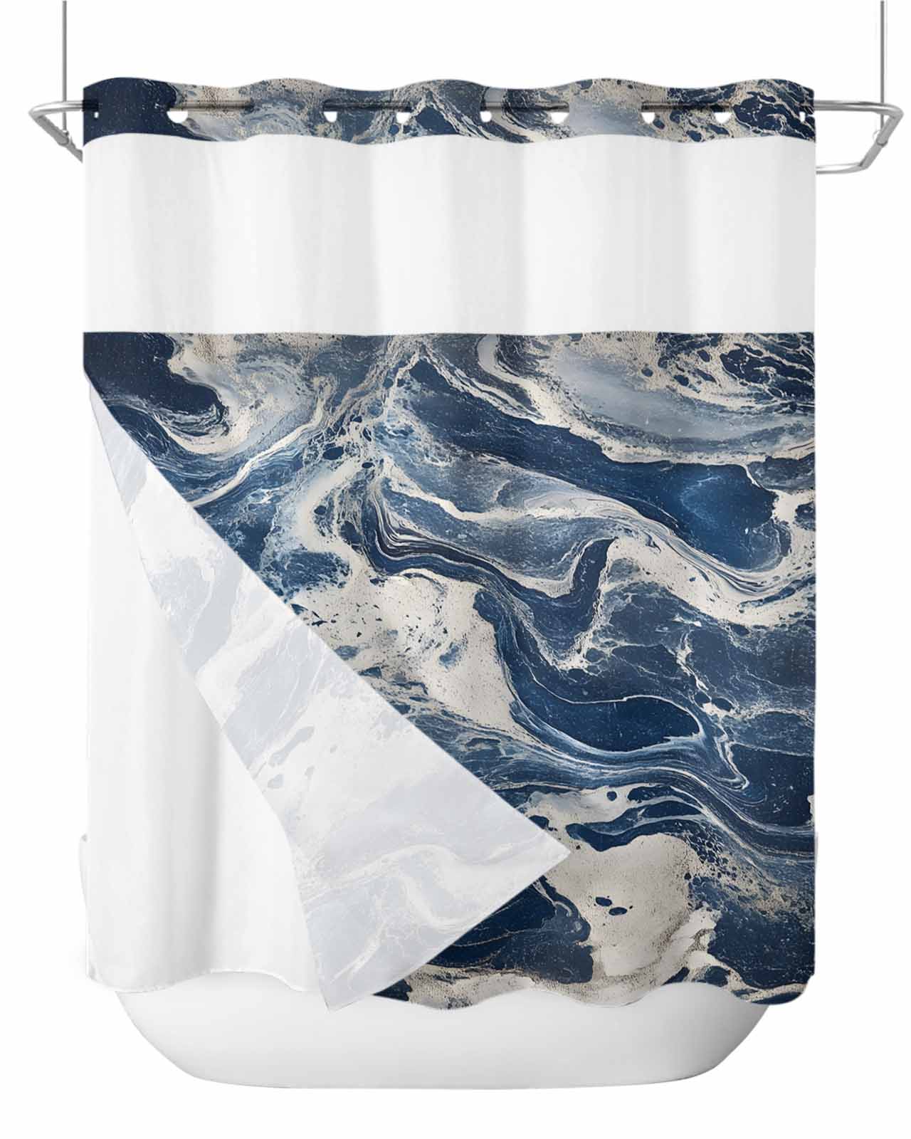 No Hook Shower Curtains with Snap in Liner, Marble Blue White ...