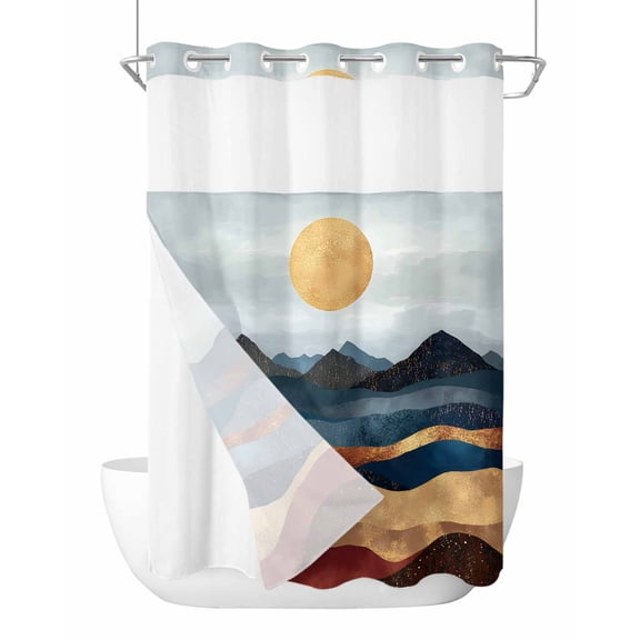 No Hook Shower Curtains with Snap in Liner, Mountain Moon Waterproof Fabric Shower Curtain, Abstract Art Scenery Modern Double Layers & See-Through Top Window Bathroom Curtains 72''x84''