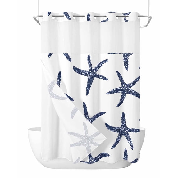 No Hook Shower Curtains with Snap in Liner, Navy Blue Starfish Coastal Waterproof Fabric Shower Curtain, Nautical Summer Beach Ocean Double Layers & See-Through Top Window Bathroom Curtains 60''x72''