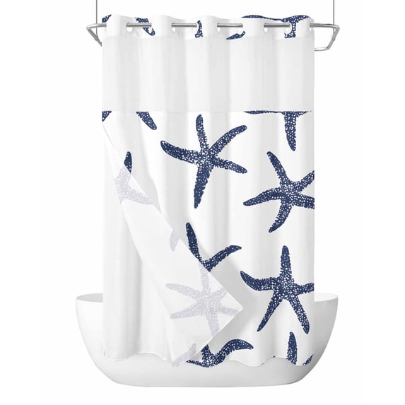 No Hook Shower Curtains with Snap in Liner, Navy Blue Starfish Coastal Waterproof Fabric Shower Curtain, Nautical Summer Beach Ocean Double Layers & See-Through Top Window Bathroom Curtains 36''x72''