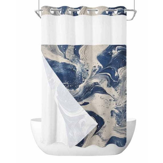 No Hook Shower Curtains with Snap in Liner, Navy White Waterproof Fabric Shower Curtain, Marble Modern Artwork Double Layers & See-Through Top Window Bathroom Curtains 54''x78''