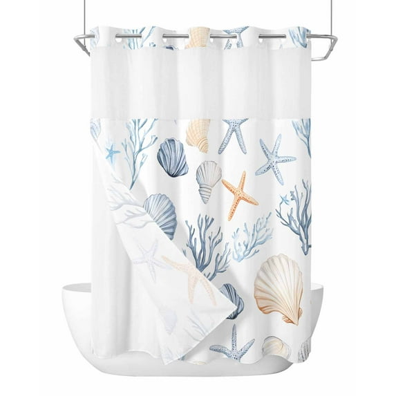 No Hook Shower Curtains with Snap in Liner, Orange Blue Coastal Fabric Shower Curtain, Summer Beach Nautical Starfish Coral Double Layers & See-Through Top Window Bathroom Curtains 48''x72''