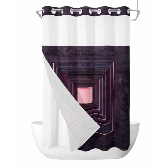 No Hook Shower Curtains with Snap in Liner, Purple Geometric Waterproof Fabric Shower Curtain, Framed Abstract Art Modern Double Layers & See-Through Top Window Bathroom Curtains 36''x72''