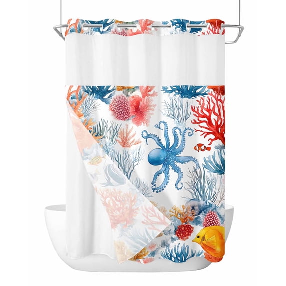 No Hook Shower Curtains with Snap in Liner, Red Blue Coastal Waterproof Fabric Shower Curtain, Octopus Coral Summer Beach Ocean Double Layers & See-Through Top Window Bathroom Curtains 72''x96''