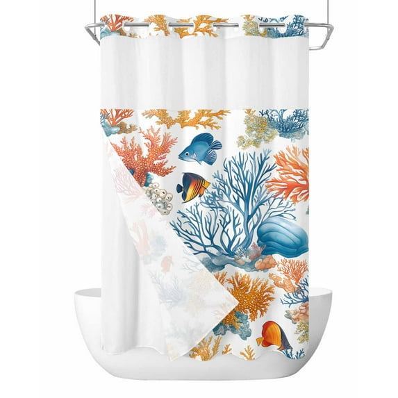 No Hook Shower Curtains with Snap in Liner, Red Blue Coral Coastal Waterproof Fabric Shower Curtain, Nautical Summer Beach Shell Double Layers & See-Through Top Window Bathroom Curtains 36''x72''