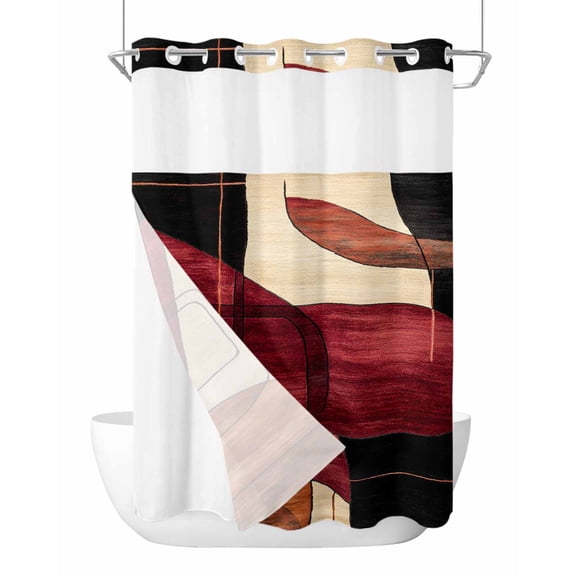 No Hook Shower Curtains with Snap in Liner, Red Burnt Orange Waterproof Fabric Shower Curtain, Geometric Boho Modern Abstract Double Layers & See-Through Top Window Bathroom Curtains 72''x96''