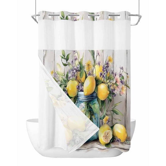 No Hook Shower Curtains with Snap in Liner, Rustic Lemon Vases Waterproof Fabric Shower Curtain, Vintage Botanical Wooden Double Layers & See-Through Top Window Bathroom Curtains 72''x84''