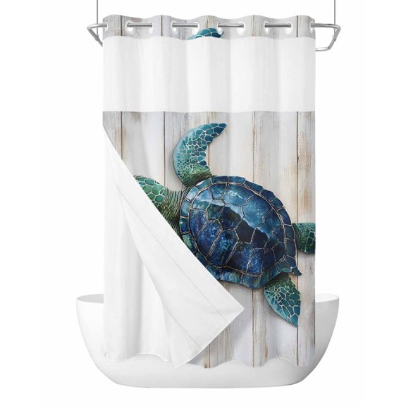No Hook Shower Curtains with Snap in Liner, Sea Turtle Waterproof Fabric Shower Curtain, Coastal Summer Beach Vintage Wooden Double Layers & See-Through Top Window Bathroom Curtains 54''x78''