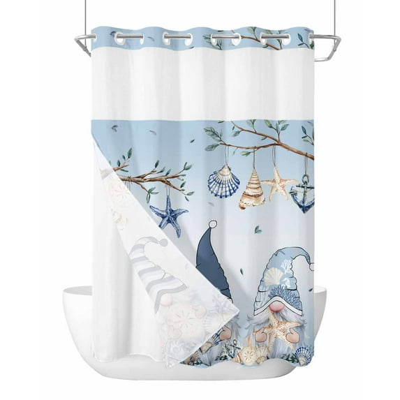 No Hook Shower Curtains with Snap in Liner, Sky Blue Gnomes Coastal Fabric Shower Curtain, Eucalypus Starfish Shell Anchor Double Layers & See-Through Top Window Bathroom Curtains 48''x72''