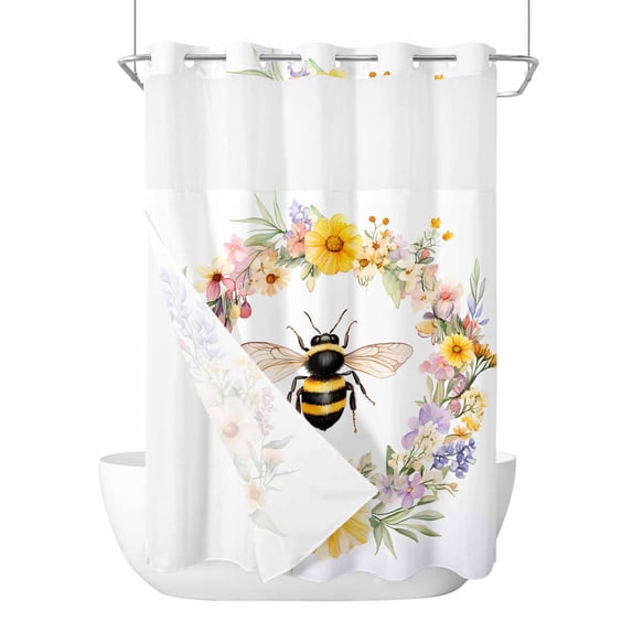 No Hook Shower Curtains with Snap in Liner, Spring Bee Wreath Waterproof Fabric Shower Curtain, Rustic Watercolor Flowers Double Layers & See-Through Top Window Bathroom Curtains 60''x72''