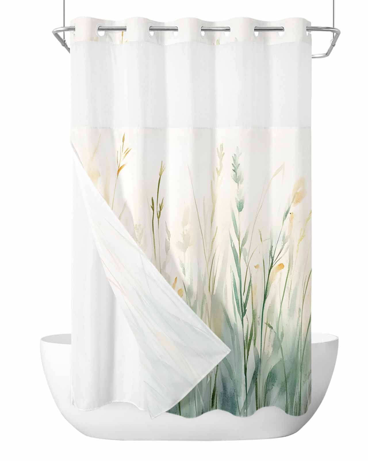 No Hook Shower Curtains with Snap in Liner, Spring Green Plant ...