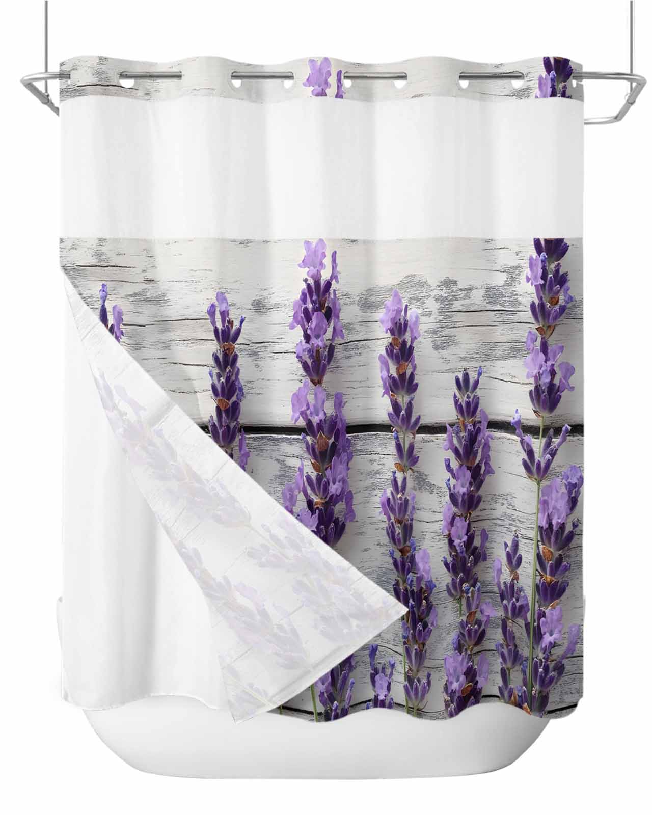 No Hook Shower Curtains with Snap in Liner, Spring Purple Floral Fabric ...