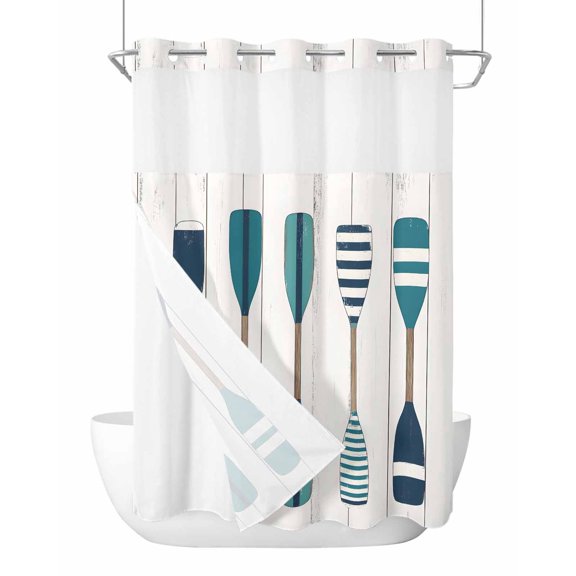 No Hook Shower Curtains with Snap in Liner, Striped Lake Paddles Fabric Shower Curtain, Summer Watercolor Vintage Wood Grain Double Layers & See-Through Top Window Bathroom Curtains 72''x96''