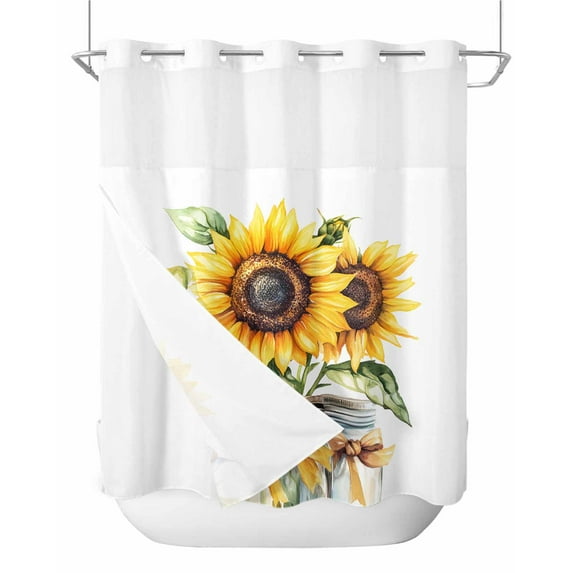 No Hook Shower Curtains with Snap in Liner, Summer Floral Waterproof Fabric Shower Curtain, Spring Watercolor Sunflowers Bow Vase Double Layers & See-Through Top Window Bathroom Curtains 72''x72''