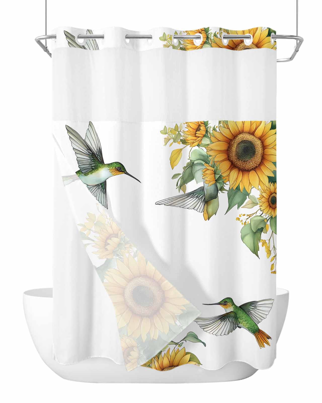 Nesphy No-Hook Flower Hummingbird Shower Curtain Set With Snap-In Liner - Watercolor Butterfly, 71x74 Inch