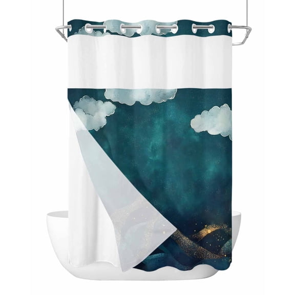 No Hook Shower Curtains with Snap in Liner, Teal Abstract Waterproof Fabric Shower Curtain, Watercolor Cloud Scenery Waves Art Double Layers & See-Through Top Window Bathroom Curtains 48''x72''