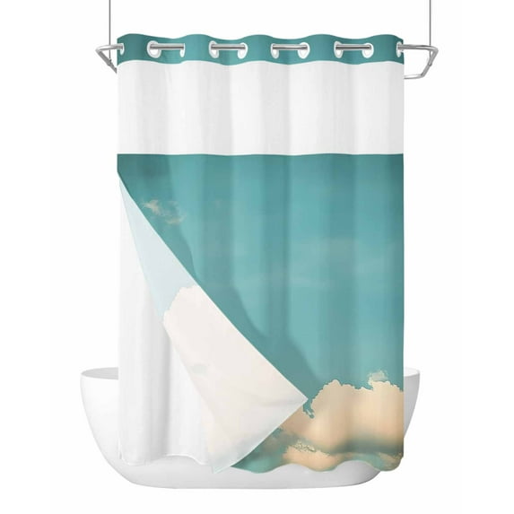 No Hook Shower Curtains with Snap in Liner, Teal Blue Sky Waterproof Fabric Shower Curtain, Vintage Modern Clouds Landscape Double Layers & See-Through Top Window Bathroom Curtains 72''x96''