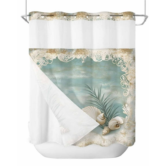 No Hook Shower Curtains with Snap in Liner, Teal Coastal Waterproof Fabric Shower Curtain, Vintage Ocean Beach Shell Nautical Double Layers & See-Through Top Window Bathroom Curtains 72''x72''