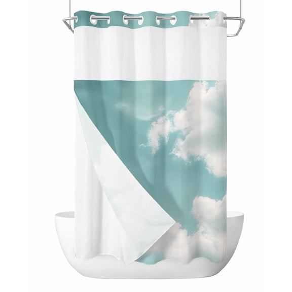 No Hook Shower Curtains with Snap in Liner, Teal Ombre Sky Retro Waterproof Fabric Shower Curtain, Modern Rustic Clouds Landscape Double Layers & See-Through Top Window Bathroom Curtains 36''x72''