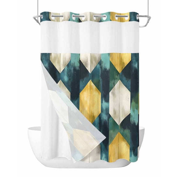 No Hook Shower Curtains with Snap in Liner, Teal Yellow Rhombus Waterproof Fabric Shower Curtain, Geometric Abstract Art Double Layers & See-Through Top Window Bathroom Curtains 48''x72''