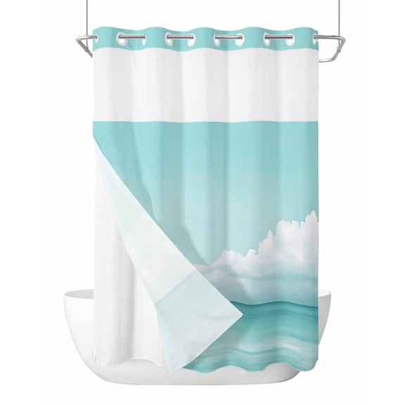 No Hook Shower Curtains with Snap in Liner, Turquoise Sky Ocean Waterproof Fabric Shower Curtain, Summer Seaside Landscape Double Layers & See-Through Top Window Bathroom Curtains 60''x72''