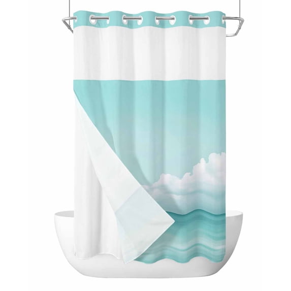 No Hook Shower Curtains with Snap in Liner, Turquoise Sky Ocean Waterproof Fabric Shower Curtain, Summer Seaside Landscape Double Layers & See-Through Top Window Bathroom Curtains 54''x78''