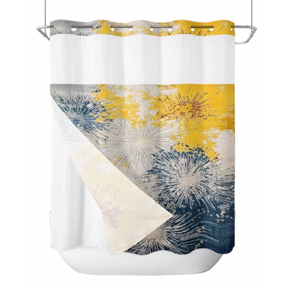 No Hook Shower Curtains with Snap in Liner, Vintage Yellow Firework Waterproof Fabric Shower Curtain, Modern Abstract Rt Smear Double Layers & See-Through Top Window Bathroom Curtains 66''x72''