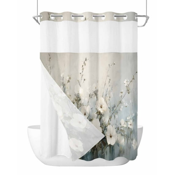 No Hook Shower Curtains with Snap in Liner, White Floral Waterproof Fabric Shower Curtain, Botanical Abstract Oil Painting Plant Double Layers & See-Through Top Window Bathroom Curtains 48''x72''