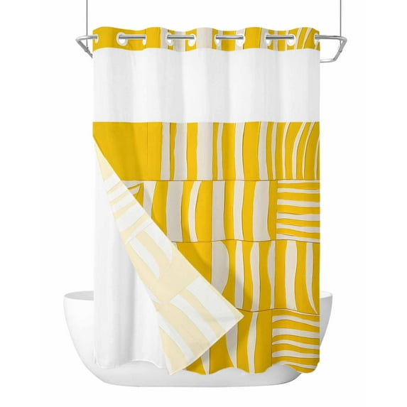 No Hook Shower Curtains with Snap in Liner, Yellow Geometric Waterproof Fabric Shower Curtain, Modern Abstract Minimalist Stripe Double Layers & See-Through Top Window Bathroom Curtains 60''x72''