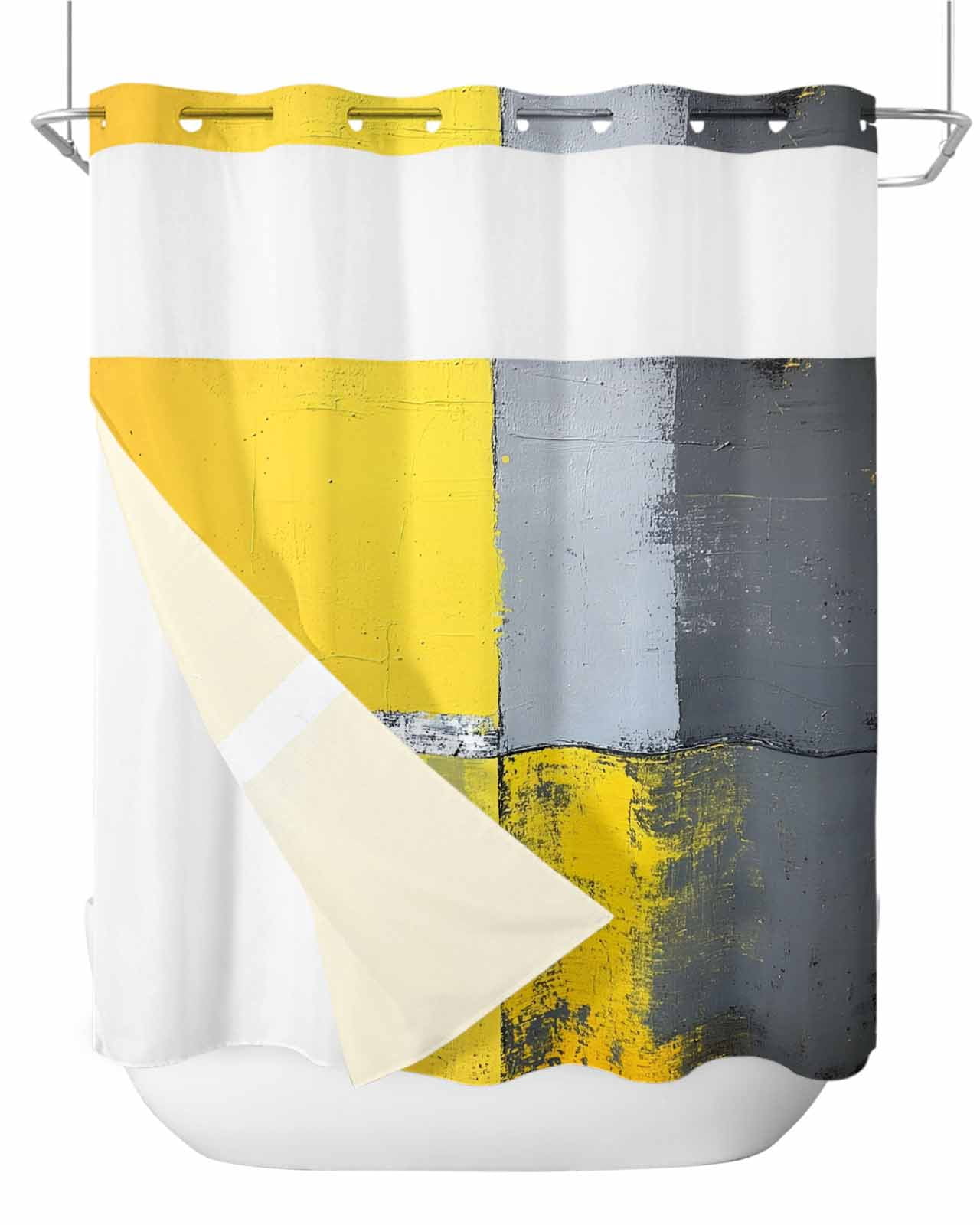 No Hook Shower Curtains with Snap in Liner, Yellow Grey Waterproof