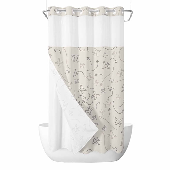 No Hook Shower Curtains with Snap-in Liner Set, Abstract Airline Route Waterproof Hotel Style Bathroom Shower Curtain, Vintage Aircraft Arrows Breathable Mesh Top Window Bath Curtains 36''x72''