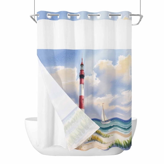 No Hook Shower Curtains with Snap-in Liner Set, Beach Lighthouse Waterproof Hotel Style Bathroom Shower Curtain, Coastal Ocean Ship Sky Oil Painting Breathable Mesh Top Window Bath Curtains 72''x84''