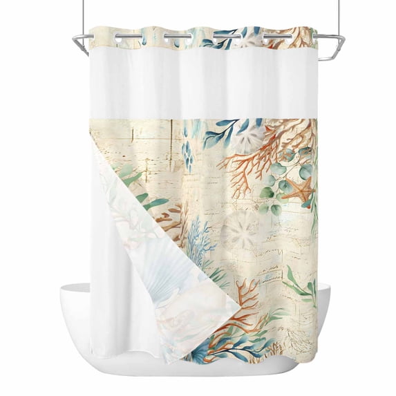 No Hook Shower Curtains with Snap-in Liner Set, Beige Beach Coastal Waterproof Hotel Style Bathroom Shower Curtain, Summer Nautical Coral Shell Botanical Breathable Mesh Top Bath Curtains 48''x72''
