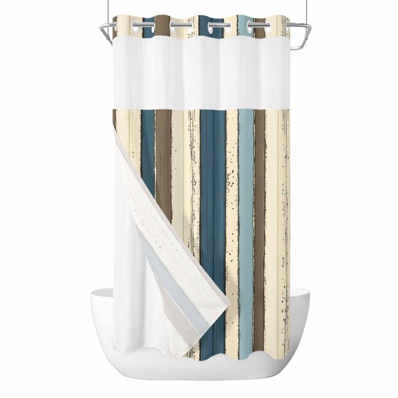 No Hook Shower Curtains with Snap-in Liner Set, Beige Blue Stripes Waterproof Hotel Bathroom Shower Curtain, Bogo Rustic Brown Farmhouse Wooden Breathable Mesh Top Window Bath Curtains 36''x72''