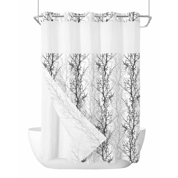 No Hook Shower Curtains with Snap-in Liner Set, Black Grey Waterproof Hotel Style Bathroom Shower Curtain, Pastoral Botanical Branch Aesthetics Breathable Mesh Top Window Bath Curtains 72''x84''