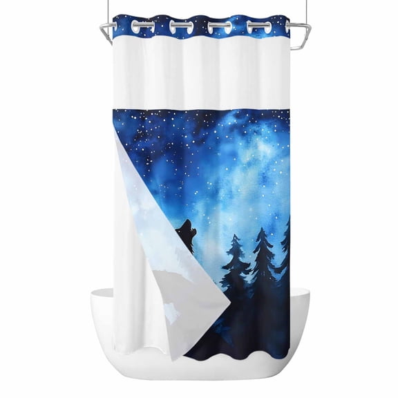 No Hook Shower Curtains with Snap-in Liner Set, Black Wolf Silhouette Waterproof Hotel Style Bathroom Shower Curtain, Forest Starry Night Sky Breathable Mesh Top Window Bath Curtains 36''x72''